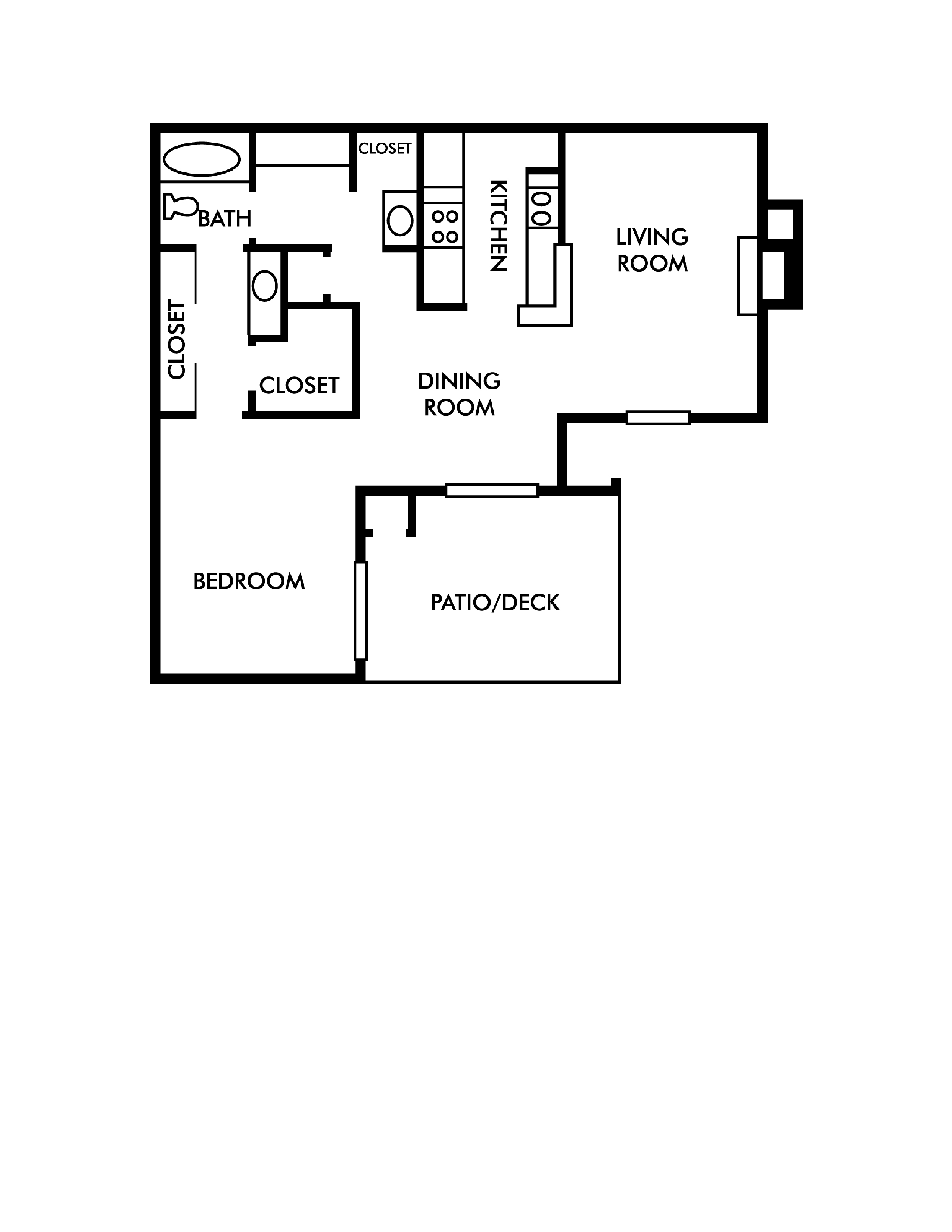 Floor plan for 1 bed, 1 bath, 781 sqft